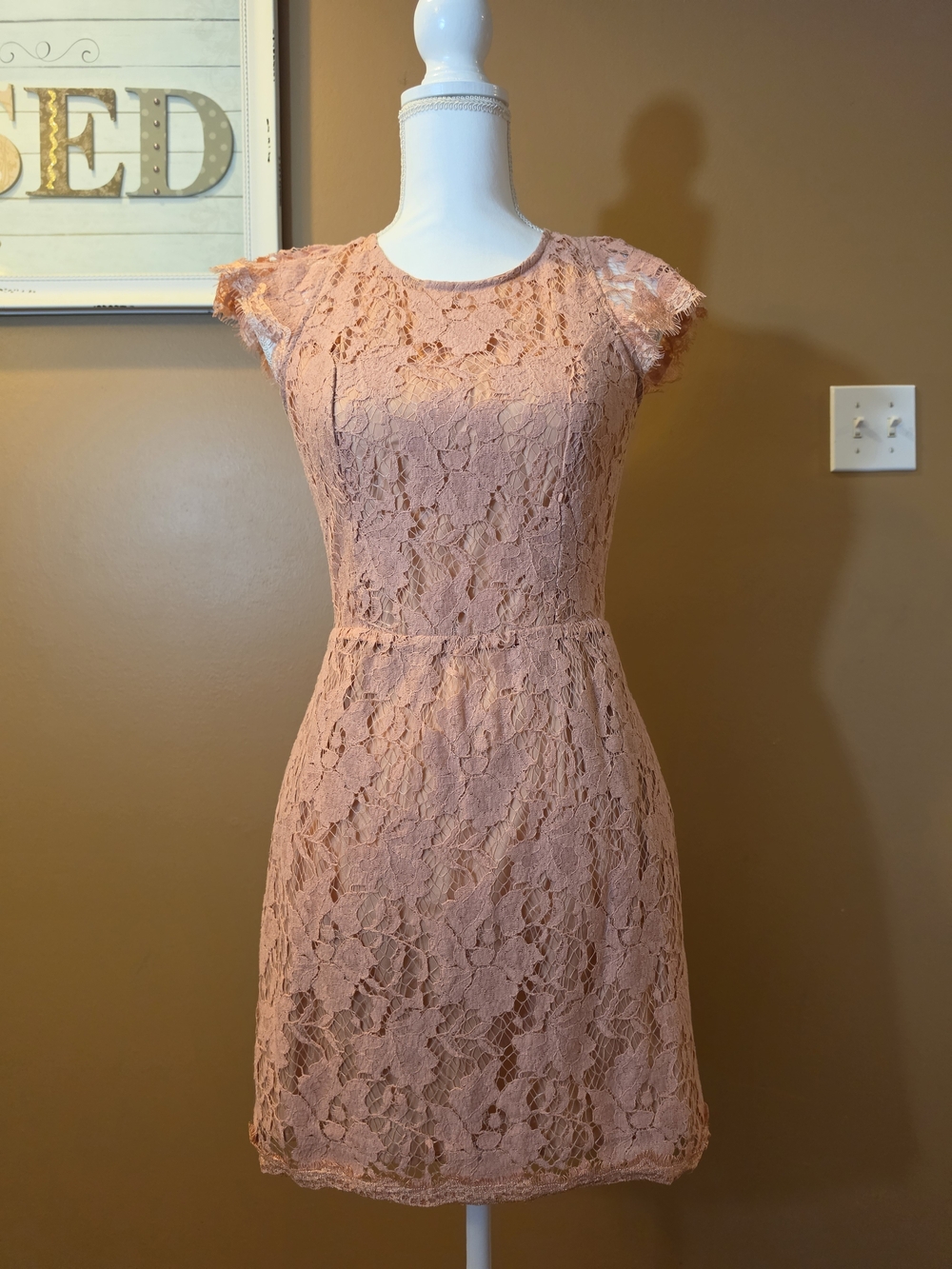 Impressions Lace Cap-Sleeve Mini Dress in Peach